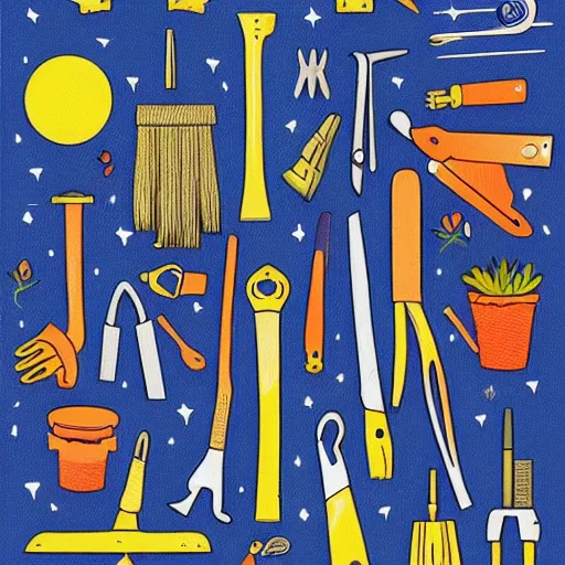 Image similar to a walter wick ( i spy book illustrator ) photographic illustration of gardening tools in space