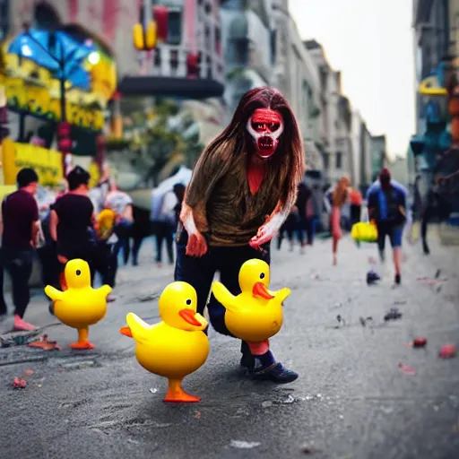 Image similar to angry rubber duck zombies biting terrified people, photography