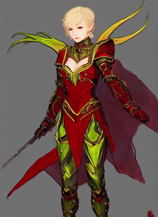 Image similar to Full body portrait of a beautiful young blonde short haired elven princess wearing red, green and gold armour robe. In style of Yoji Shinkawa and Hyung-tae Kim, trending on ArtStation, dark fantasy, great composition, concept art, highly detailed.