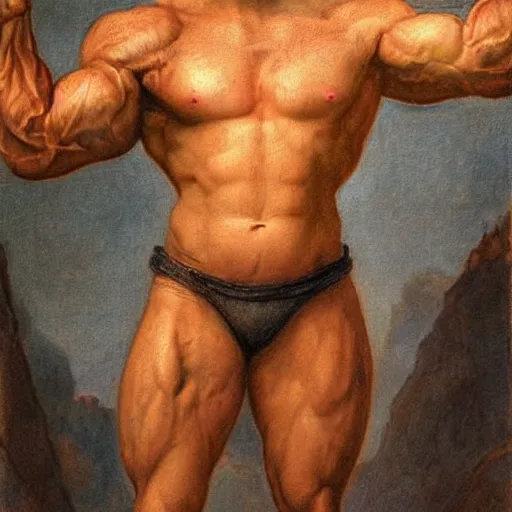 Prompt: bart simpson the most muscular athlete in the world posing and flexing his arms, dnd card art, fantasy comics, pen drawing, hyper detailed, extremely complex, hyper realistic, intricate classic art, masterful, great works of the masters, art by rembrandt and leonardo da vinci