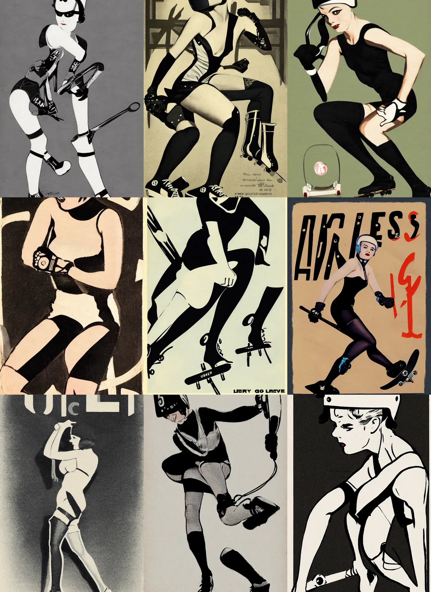 Image similar to 1950s logo of a roller derby girl (Mary Louise Brooks) doing Cross-Over, wearing skate helmet, knee pads, elbow pads, fishnet tights, showing off biceps, illustration by greg rutkowski and mcbess, 1950s