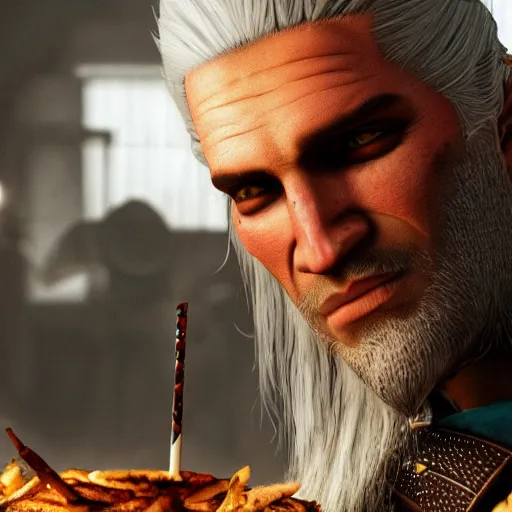 Prompt: geralt of rivia eating a kebab, trending on artstation, cinematic composition, detailed, hd, digital art