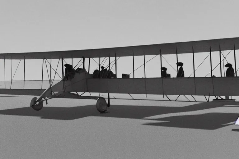 Image similar to still photo of the wright brothers taking off an airplane for the first time, black and white color photograph, highly detailed, photorealistic shot, bright studio setting, studio lighting, crisp quality and light reflections, unreal engine 5 quality render