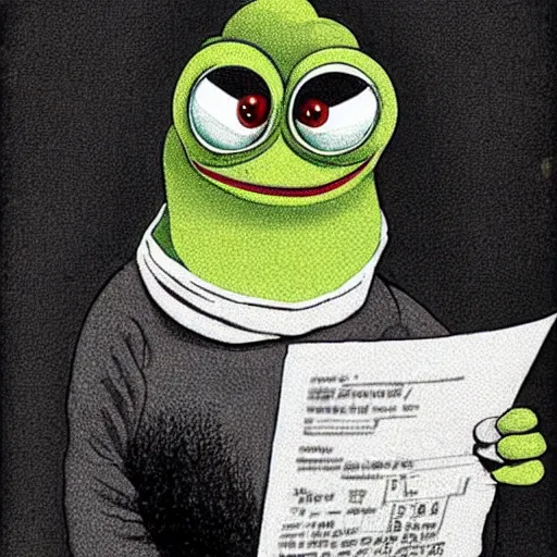 Prompt: pepe the frog doing taxes, realistic old photograph