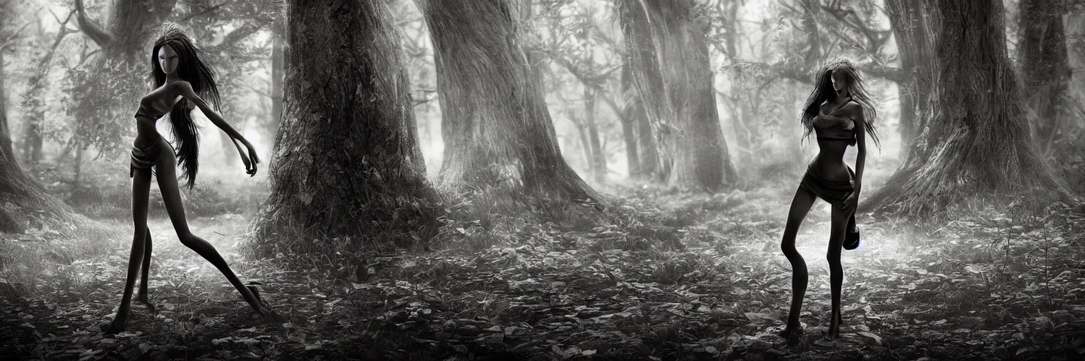 Image similar to epic fantasy render of a skinny girl body, long dark hairs, posing, woods, black and white, highly detailed, cinematic, hyperrealism, dynamic lighting, up light, octane render