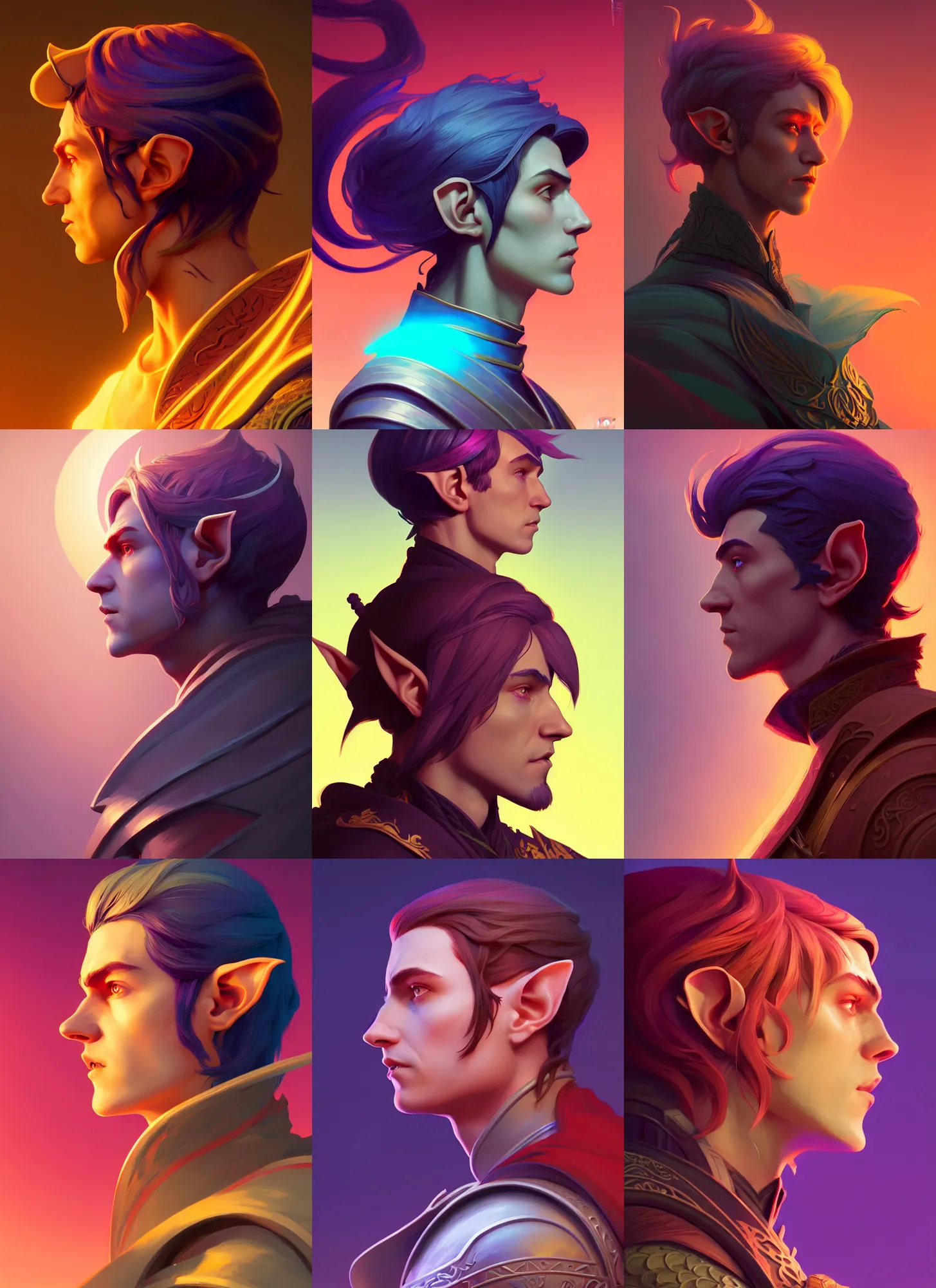 Prompt: side profile centered painted portrait,male elf ranger, D&D, Gloomhaven, matte painting concept art, art nouveau, beautifully backlit, swirly vibrant color lines, fantastically gaudy, aesthetic octane render, 8K HD Resolution, by ilya kuvshinov and Cushart Krentz and Gilleard James