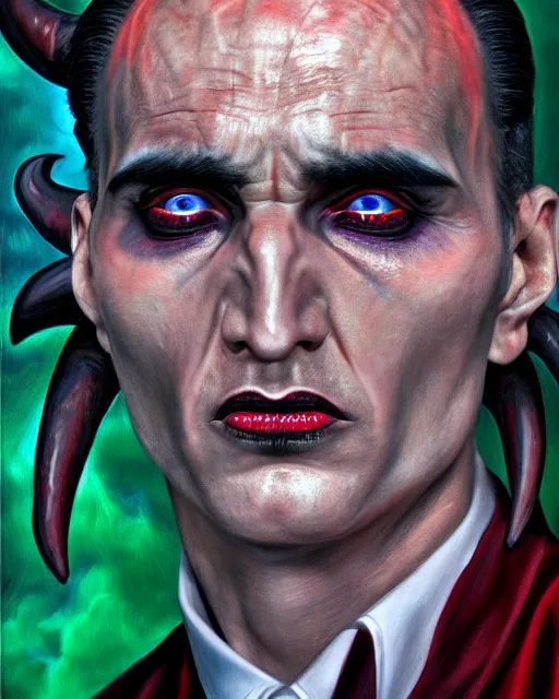 Image similar to photorealist portrait painting of demonic aloysius stepinac with demonic eyes and horns, gothic, horror, cool colors, high production value, intricate details, high resolution, hyperrealistic, hdr, high definition, masterpiece, ultra realistic, highly detailed, hd, sharp focus, non blurry, sharp, smooth