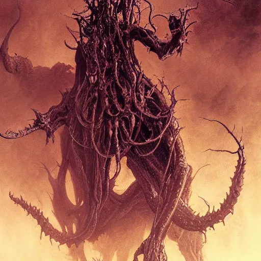 Prompt: photorealistic rendering of eldritch demon from resident evil 7 in the style of michael whelan and gustave dore. hyperdetailed photorealism by greg rutkowski, 1 0 8 megapixels, cinematic lighting.
