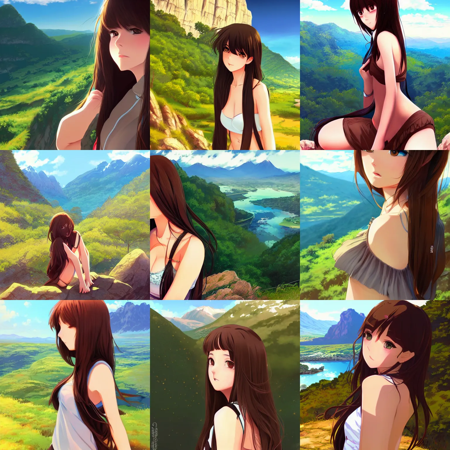 Prompt: sexy girl with long brown hair and luscious lips, scenic view, mountain landscape, artstyle : high definition anime and ilya kuvshinov