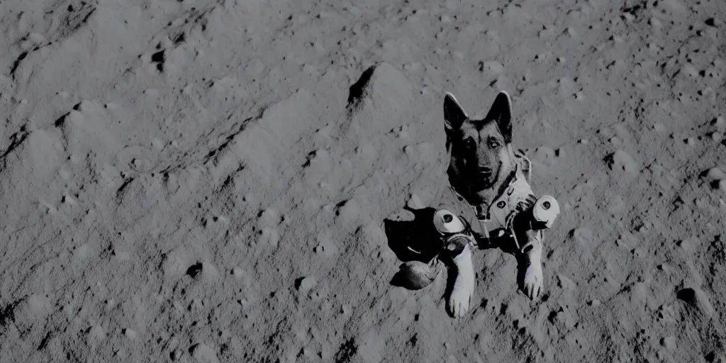 Image similar to high resolution photograph of a german shepherd on the moon surface, wearing a space suit, very detailed, realistic, shot on digital camera