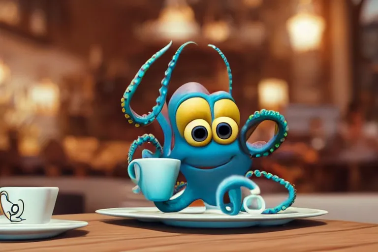 Prompt: Funny little octopus crawling out from a cup of coffee in beautiful morning café in Paris. Pixar Disney 4K 3d render funny animation movie Oscar winning trending on ArtStation and Behance. Ratatouille style.