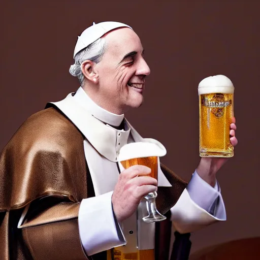 Image similar to photo of the steampunk Pope drinking a beer, 50mm, beautiful photo