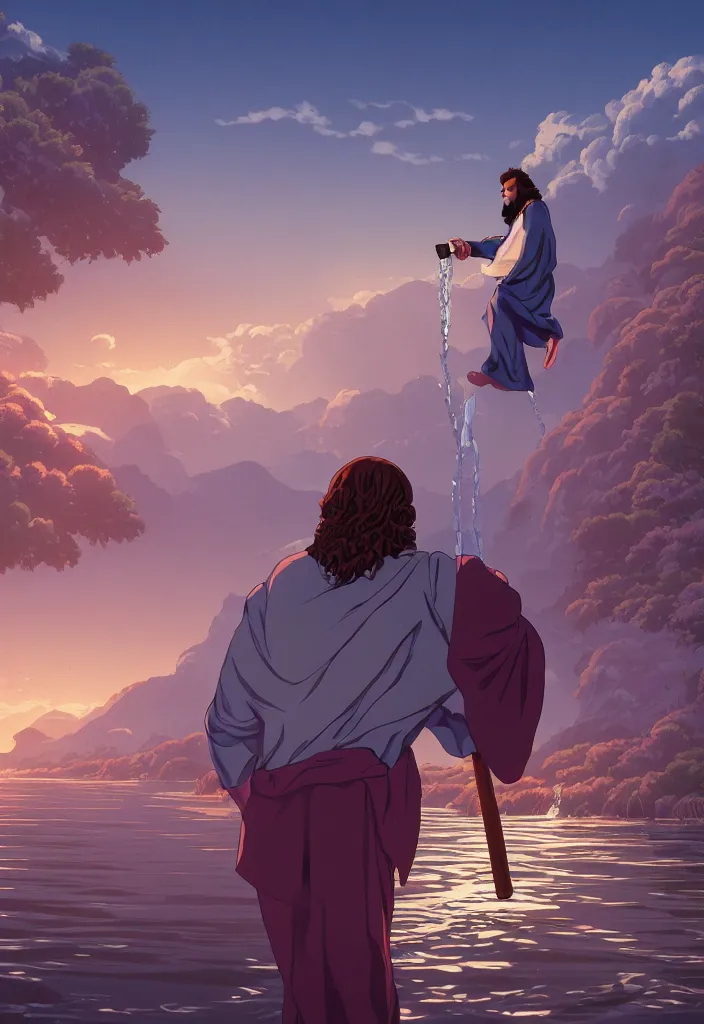 Image similar to a portrait of jesus turning water in wine by dan mumford, yusuke murata and makoto shinkai, 8k, cel shaded, unreal engine, featured on artstation, pixiv