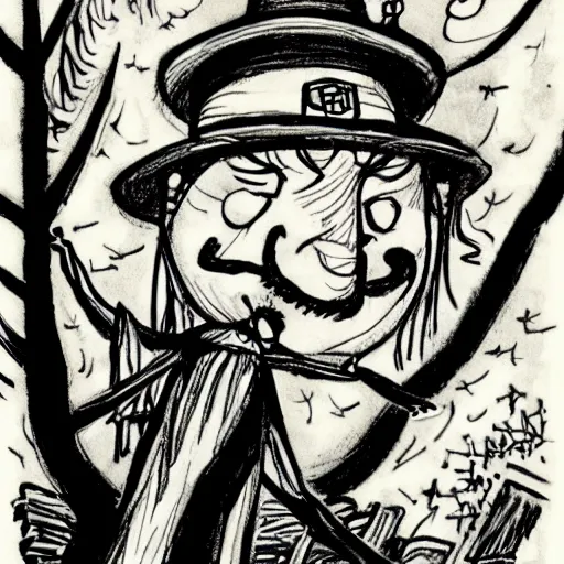 Prompt: neat ink drawing of cartoon wizard in robe and hat staying on the top of the tree, by Bill Waterson by Rutkowsky,