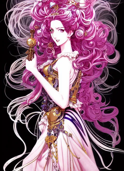 Image similar to exquisite imaginative fate manga poster of princess mechine, long curl hair, art nouveau, armor, ruffles, fluorescent, illustration, artstation, dark fantastic, highly detailed, 8 k, maximalist, by katsuhiro otomo, shigenori soejima, minaba hideo, jump comics