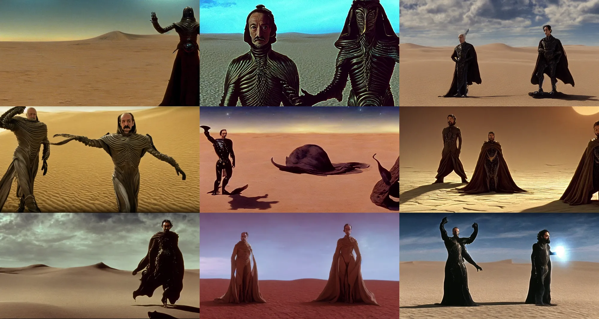 Prompt: the full body shot of arrogant salvador dali in the role of emperor of dune | still frame from the prometheus movie by ridley scott with cinematogrophy of christopher doyle, anamorphic bokeh and lens flares, 8 k, higly detailed masterpiece