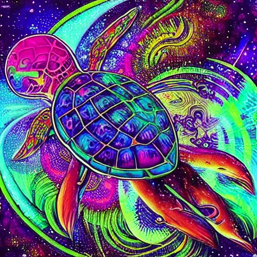 Prompt: “psychedelic visionary art of a beautiful flying turtle in space by Android Jones”