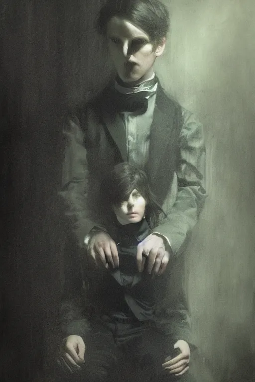 Prompt: detailed cinematic moody colors studio portrait of a possesed young victorian gentleman being controlled like a puppet, creepy evil vibe, high quality by jeremy mann, only one head single portrait