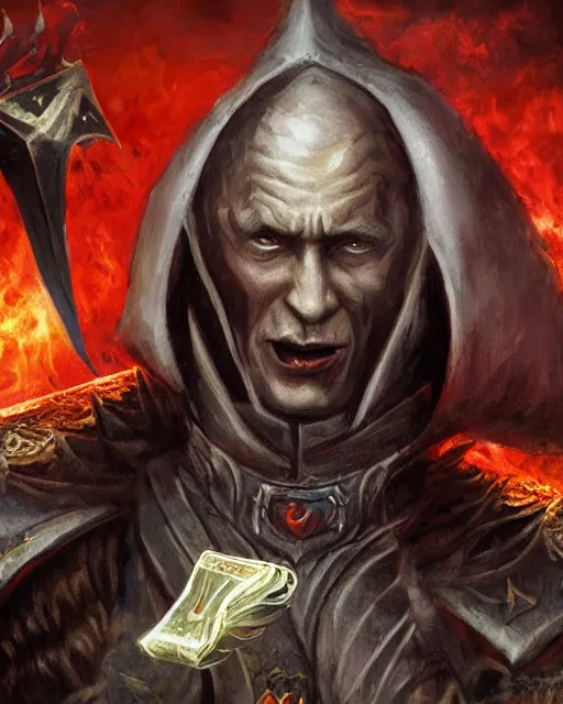 Prompt: Vladimir Putin, dressed as an evil Dungeon and Dragons wizard, on a Magic the Gathering card, high resolution photo,