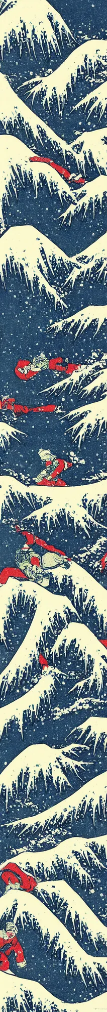 Image similar to man snowboarding carving tracks woodblock print, style of hokusai, fine art, style of kanagawa, winter painting