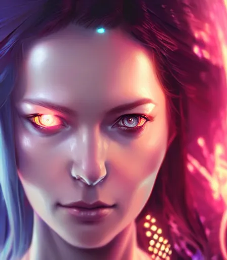 Prompt: beautiful portrait of a cyberpunk goddess who looks like Corinna Kompf , character design by charlie bowater, ross tran, artgerm, and makoto shinkai, detailed, soft lighting, rendered in octane