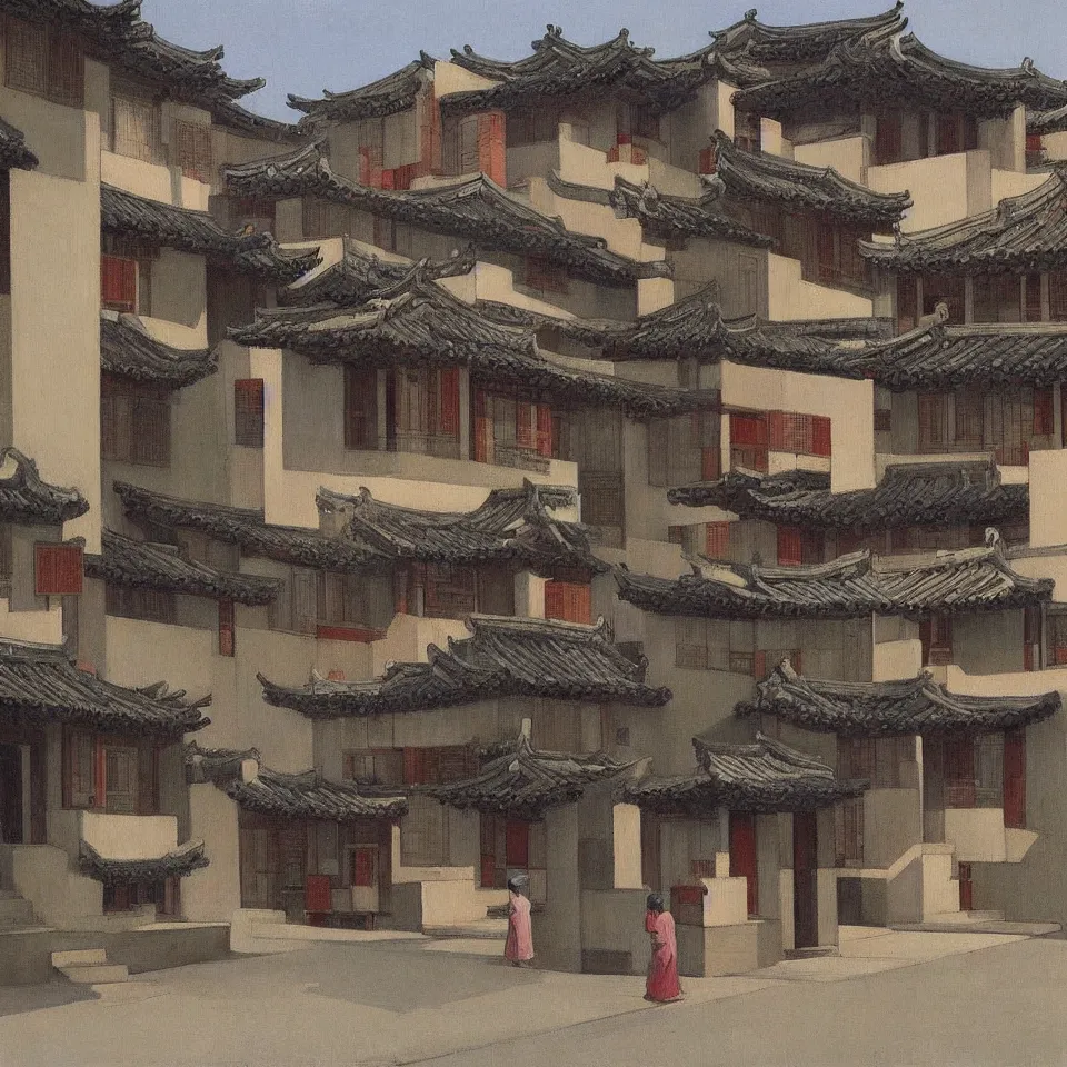 Image similar to a painting of hongcun ancient village houses by edward hopper and james jean