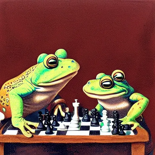 Image similar to mr toad and mr frog drinking wine and playing chess. Painting of toad and frog wearing sweaters by James Gurney.