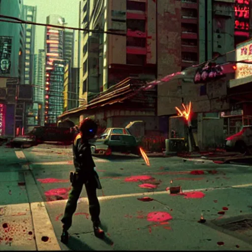 Prompt: 1991 Video Game Screenshot, Anime Neo-tokyo Cyborg bank robbers vs police shootout, bags of money, Police officer hit, Bullet Holes and Blood Splatter, Cyberpunk, Anime VFX, Violent, Action, MP5S, FLCL, Highly Detailed, 8k :4 by Katsuhiro Otomo + Studio Gainax + Arc System Works : 8