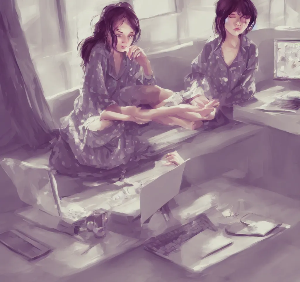 Image similar to girl in pyjamas sitting at computer, rings around tired eyes, early morning, digital art, drawing, artstation