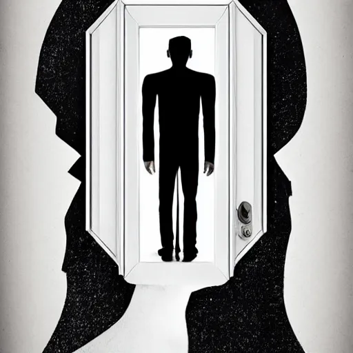 Image similar to poster for a short dramatic film called'liminal '. the poster follows the concept of liminality and the center element is a tiny wooden door and a silhouette of a man. movie poster, advertisement, high detail, trending on artstation