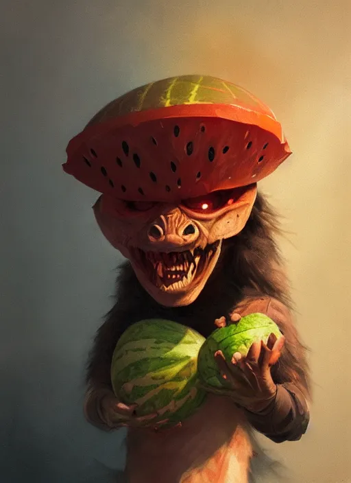 Image similar to hyper realistic photography portrait of smiling goblin with a watermelon helmet cinematic, greg rutkowski, brom, james gurney, mignola, craig mullins, artstation, cgsociety