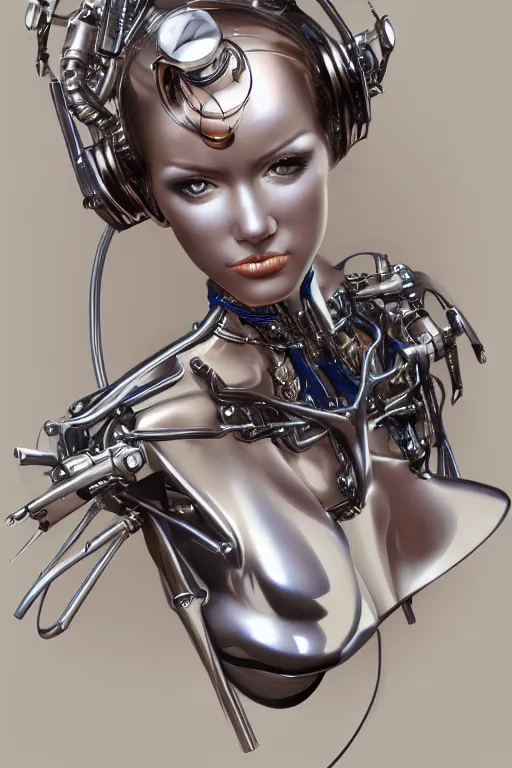 Prompt: a portrait of a gynoid with mechanical part by Hajime Sorayama, highly detailed, trending on artstation