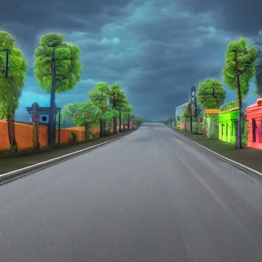 Image similar to a view of a road covered in colored rubber, digital matte painting, in the style of Tim Burton, 8k, highly detailed