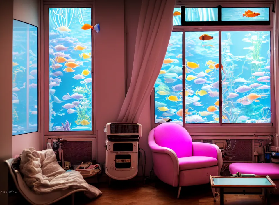 Image similar to telephoto 7 0 mm f / 2. 8 iso 2 0 0 photograph depicting the feeling of chrysalism in a cosy cluttered french sci - fi ( art nouveau ) cyberpunk apartment in a pastel dreamstate art cinema style. ( aquarium, computer screens, window ( city ), fish tank, lamp ( ( ( armchair ) ) ) ), ambient light.