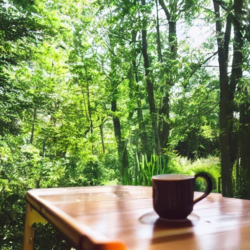 Prompt: in a small garden at the back of a family house, view of the forest at the edge of the garden, from the wooden terrace, a mug is placed on the plastic table on the terrace. summer sunny day. in the shade of the trees. 50mm.