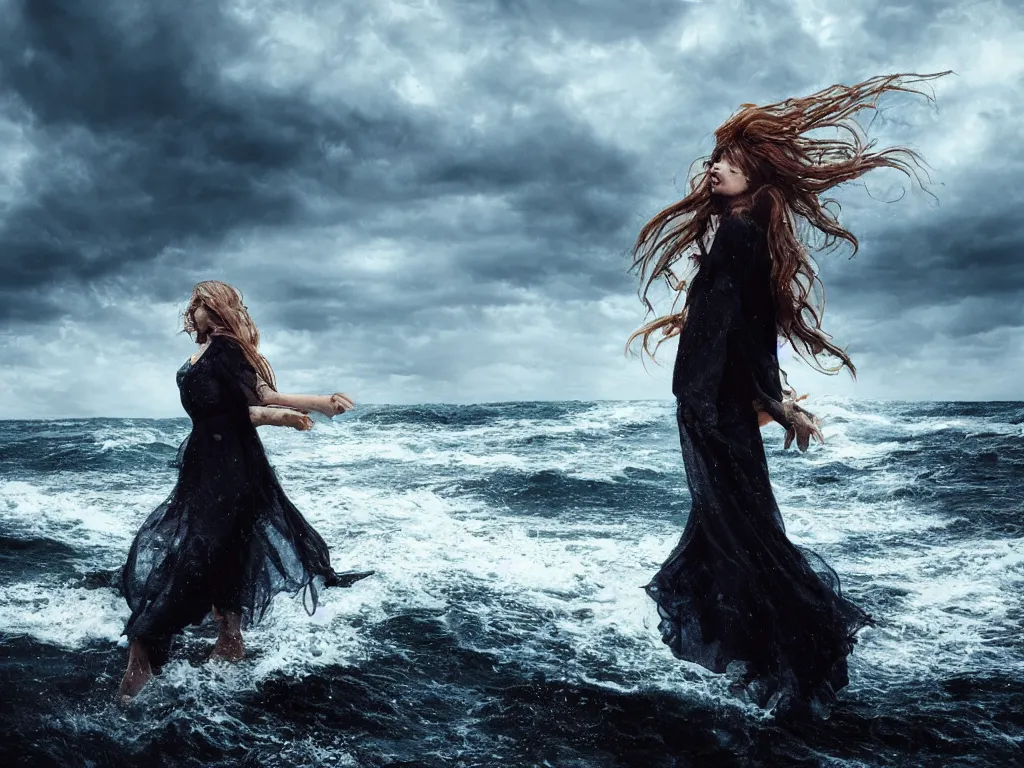 Prompt: a sea witch on a rough ocean with turbulent skies, photorealistic, by wlop, 4 k resolution