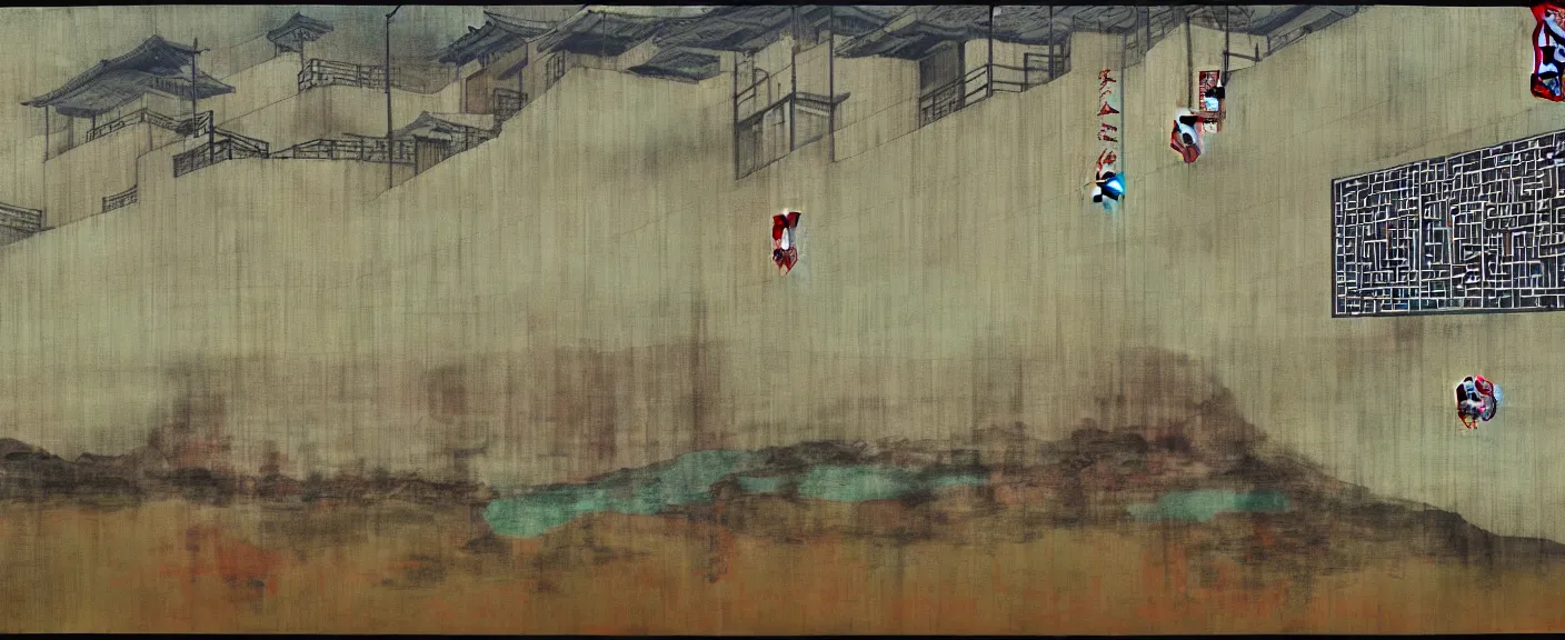 Image similar to a chinese prison near a river by peter doig, muted colors, overlaid with chinese adverts