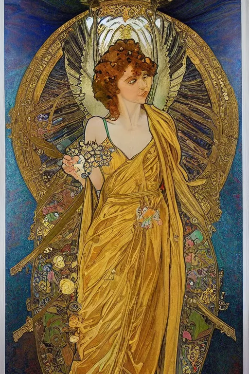 Image similar to a full body portrait of saint michael the archangel oil painting cross between the styles of alphonse mucha and gustav klimt gold leaf, intricate detailed,