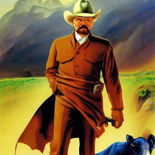 Image similar to Vladimir Lenin as heroic cowboy, painting by Boris Vallejo