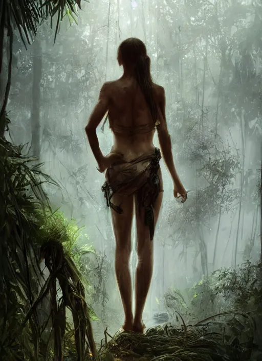 Image similar to a tribal woman from behind, in front of the aircraft carrier USS Nimitz overgrown with lush vegetation, tropical forest, post appocalyptic, by Luis Royo, by Greg Rutkowski, dark, gritty, intricate, backlit, strong rim light, cover illustration, concept art, volumetric lighting, volumetric atmosphere, sharp focus, octane render, trending on artstation, 8k