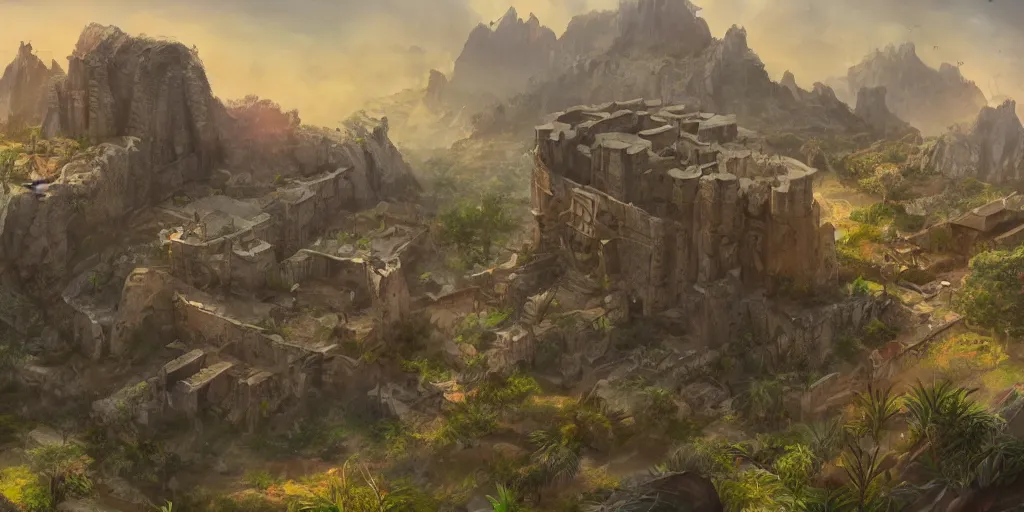 Image similar to an african old fortress on the mountains, surrounded by a city, fantasy art, cinematic volume lighting, 4k, illustration, epic scene, trending on artstation, art by Sebastian Luca