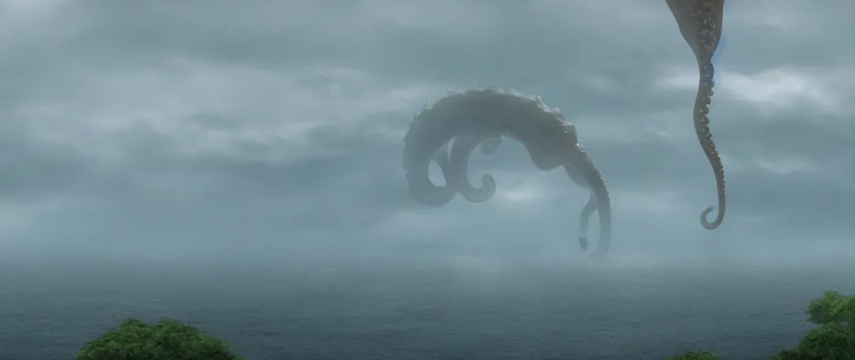 Image similar to a giant octopus tentacl hanging from the clouds over a rain forest, still from the movie the arrival, 8k