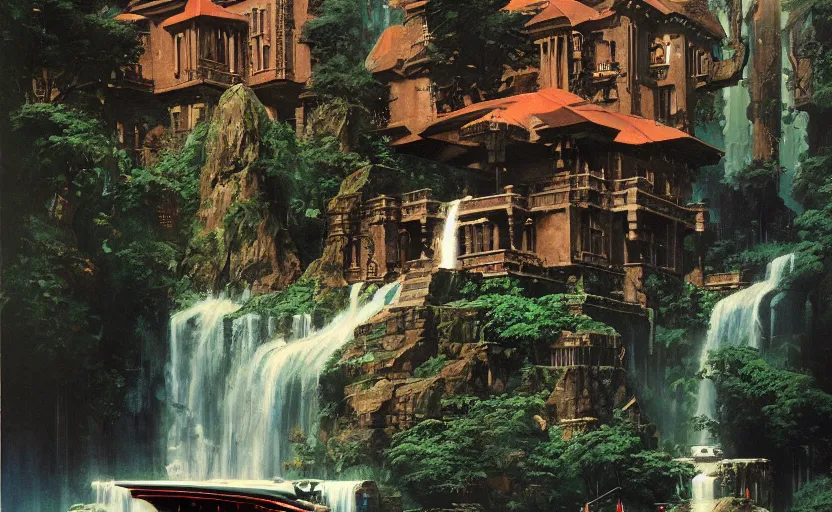 Prompt: retrofuturistic mansion, house, estate in a waterfall. highly detailed science fiction painting by norman rockwell, frank frazetta, and syd mead. rich colors, high contrast, gloomy atmosphere, dark background. trending on artstation