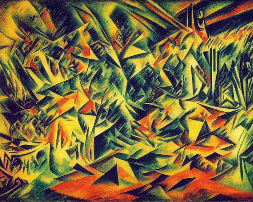 Prompt: abstract courtroom in the rainforest during a monsoon by umberto boccioni. detailed, proportional, romantic, enchanting, achingly beautiful, graphic print, trending on artstation, jungle, tropical, foliage