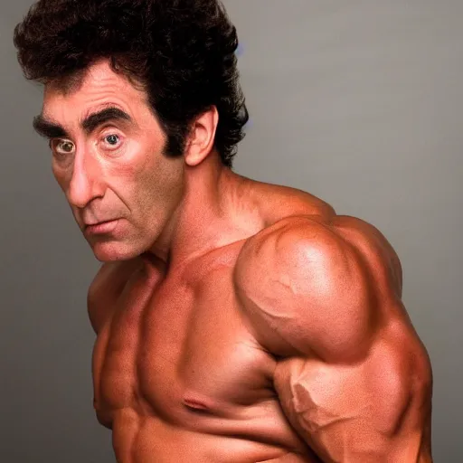 Image similar to bodybuilder cosmo kramer, 4 k, high detail, high - resolution photograph, professional photography, ultra - detail