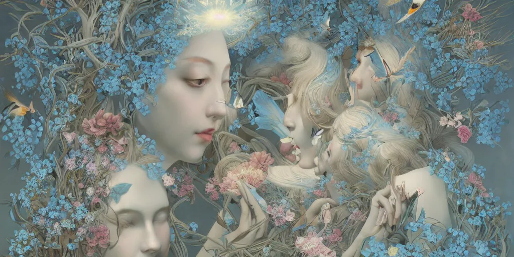 Image similar to breathtaking detailed concept art painting art deco pattern of blonde faces goddesses amalmation light - blue flowers with anxious piercing eyes and blend of flowers and birds, by hsiao - ron cheng and john james audubon, bizarre compositions, exquisite detail, extremely moody lighting, 8 k