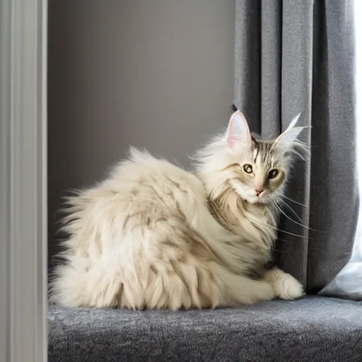 Image similar to cream color maine coon cat curled up, bay window sofa, in style of Blanchard Antoine