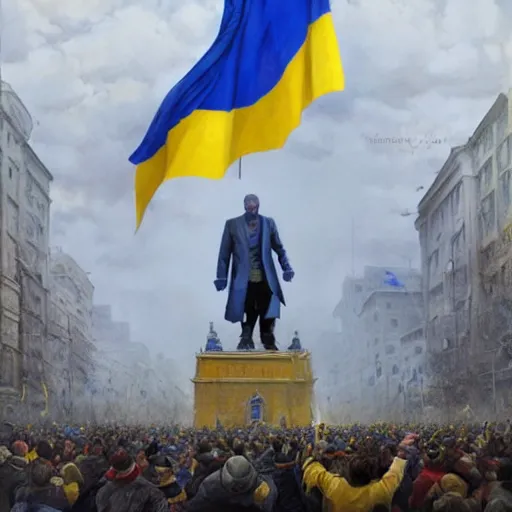 Image similar to a crowd of people with blue and yellow ukrainian flags overthrow and bring down the statue of vladimir lenin, photorealistic, highly detailed, artstation, smooth, sharp focus, art by michael whelan, artgerm, greg rutkowski and alphonse mucha