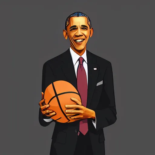 Image similar to Obama holding a basketball in his right hand in a black background, detail, 8k, digital painting, official media, illustration