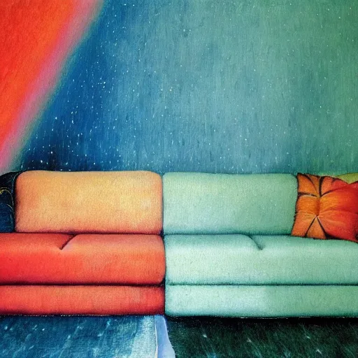 Image similar to psychedelic couch sofa costa blanca, designed by arnold bocklin, jules bastien - lepage, tarsila do amaral, wayne barlowe and gustave baumann, cheval michael, trending on artstation, mediterranean, star, sharp focus, colorful refracted sparkles and lines, soft light, 8 k 4 k